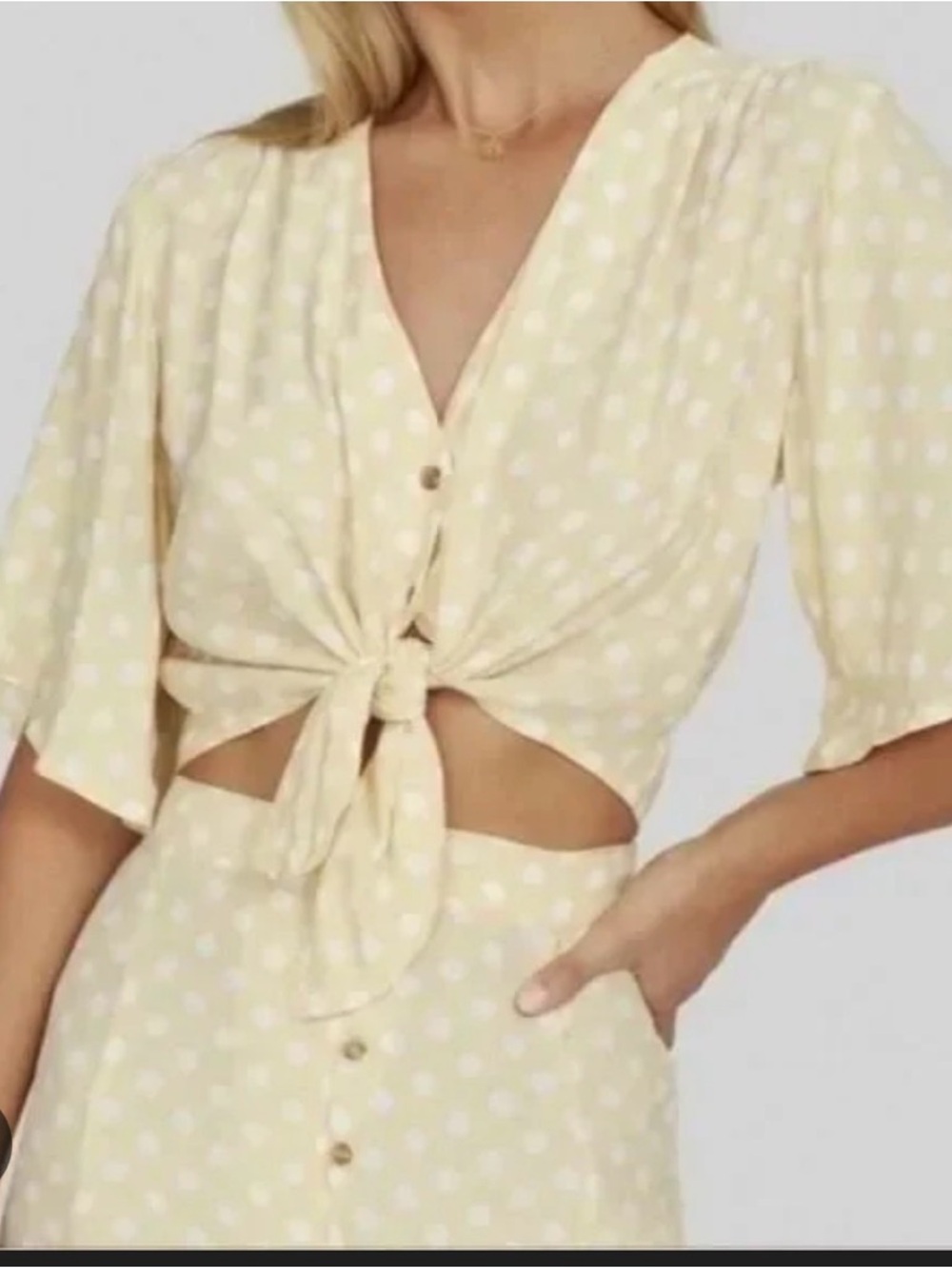 Faithfull the Brand Marais Lemon Polka Dot Tie-Front Button Shirt - M